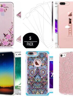 Lot of 5 iPhone 7/8 Plus Cases Hybrid Clear Back Flexible FREE Screen Protectors